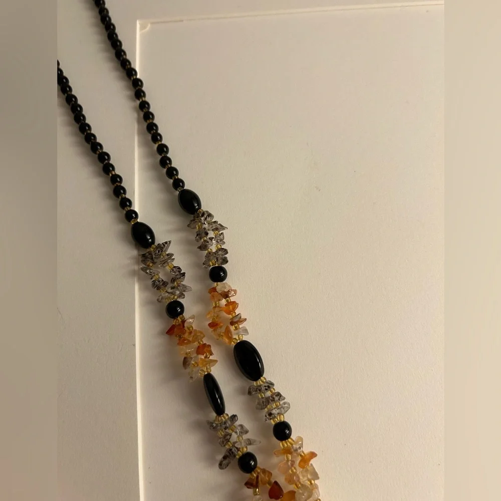 Necklace Artisan Jade flower tassel, Onyx, Rutilated Quartz, Carnelian beads